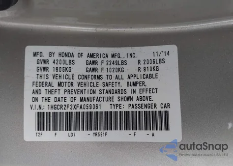 2015 Honda Accord Lx z USA, uszkodzony, nr VIN 1HGCR2F3XFA059061